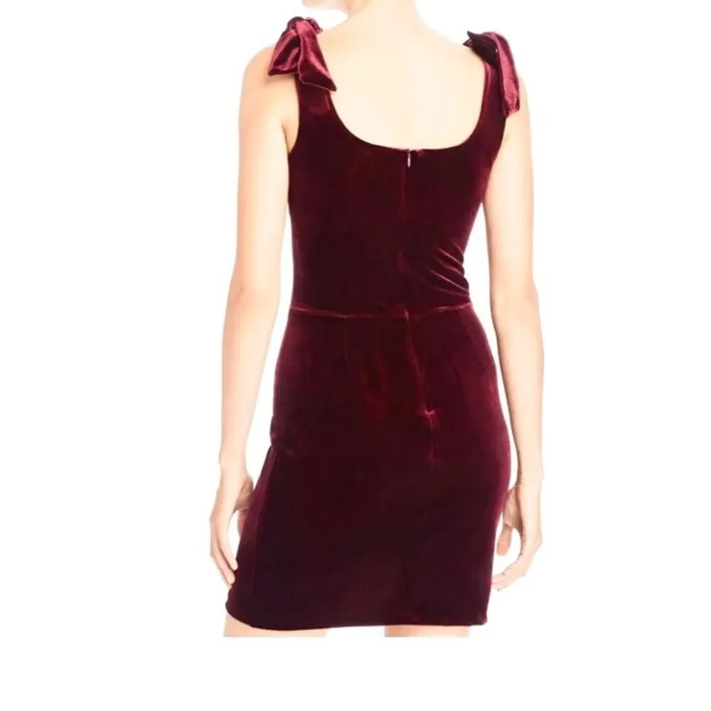 NEW AQUA Style# WO- 6966 burgundy velvet square neck bow strap mini dress L